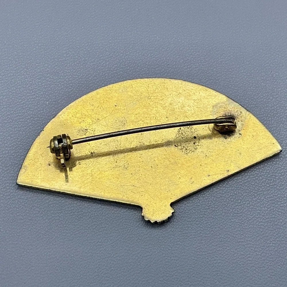 Gold Tone Fan Brooch Pin Damascene Cityscape Black Enamel Costume Jewelry 2